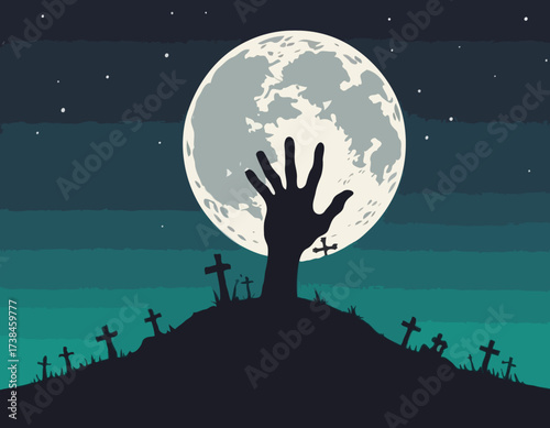Zombie Hand Rising from the Grave with Full Moon Silhouette Background Vector Illustration