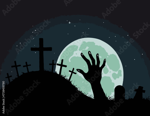 Zombie Hand Rising from the Grave with Full Moon Silhouette Background Vector Illustration