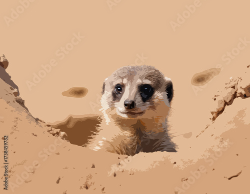 Meerkat Vector Images. Natural habitat of a cute meerkat peeking out of its burrow image vector.