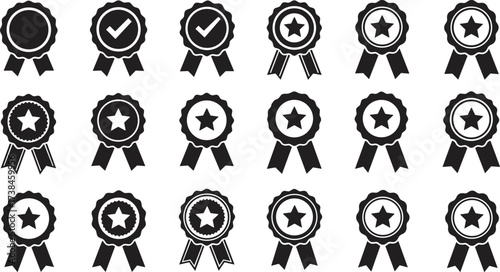 Award badge icons set, achievement certificate symbols, premium quality medal vector, honor recognition ribbon, success certification illustration, vector illustration.