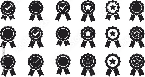 Award ribbon badge icons set, achievement certificate symbols, honor star medals, premium quality reward vector, recognition emblem design