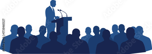 Business conference presentation vector, public speaking at podium, audience listening to speaker, leadership seminar, professional meeting illustration, corporate event, vector illustration.