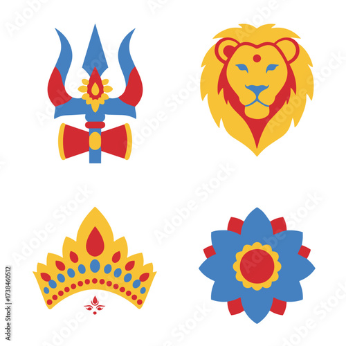 Four colorful Hindu symbols: trident, lion, crown, and flower.