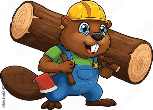 Cartoon beaver construction worker carrying wood log, lumberjack animal character, forestry work mascot, woodworking concept design, cad drawing flat vector illustration