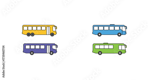 Four colorful cartoon buses displayed in a simple flat design style