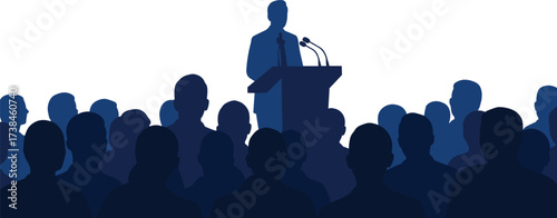 Business seminar vector, keynote speaker at podium, professional conference with audience, corporate meeting illustration, leadership training presentation design