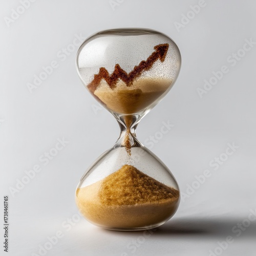 Hourglass with golden sand and rising arrow graph