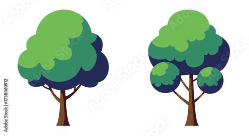 Two stylized green trees with dark trunks are depicted in this image