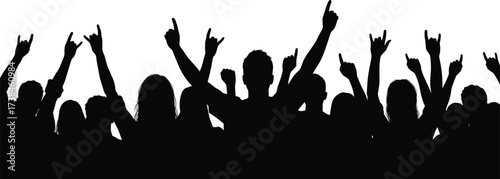 Concert crowd silhouette vector, cheering audience illustration, music festival fans, party celebration, rock concert people, live event design