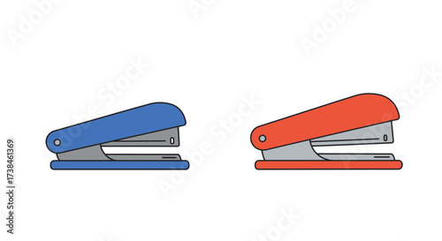 Two colorful staplers one blue and one red are displayed side by side