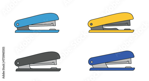 Colorful staplers in blue yellow gray and dark blue displayed neatly