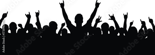 Concert crowd silhouette vector, cheering audience illustration, music festival party people, rock fans celebration, live performance event design