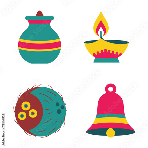 Hindu religious icons: a kalash pot, a diya lamp, a coconut, and a puja bell.