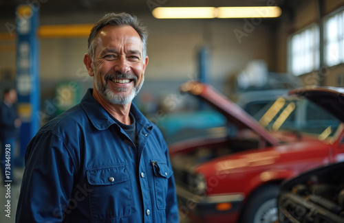 Smiling middle aged Mexican mechanic posing at auto shop. Man wears work uniform. Happy male person works at vehicle service center. Mechanic shows confidence. Auto repair occupation. © Vadym
