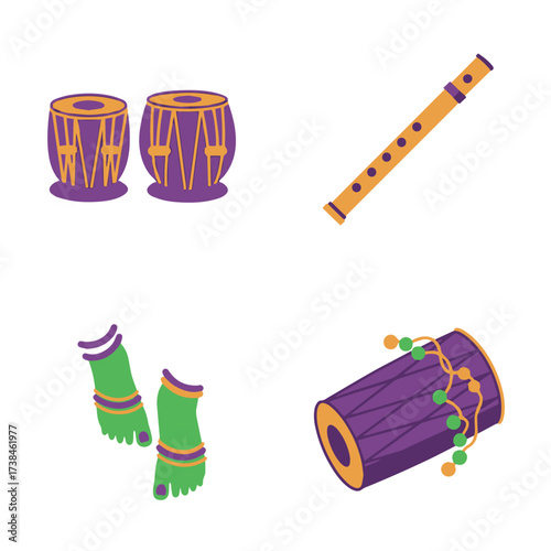 Traditional Indian musical instruments and dance accessories: tabla, flute, dholak, and ghungroo.