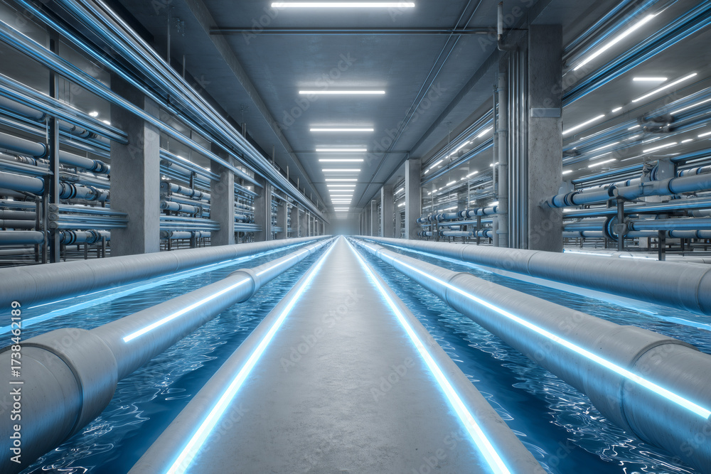 Obraz premium Industrial pipes with blue light in a long hallway.