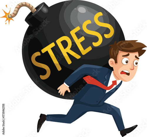 Cartoon businessman running with stress bomb illustration, corporate pressure concept, office worker burnout symbol, cad drawing flat vector illustration design