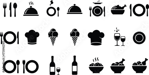 Food and drink icons vector set, restaurant dining symbols, chef hat, wine glass, cutlery, meal, dessert illustrations, isolated