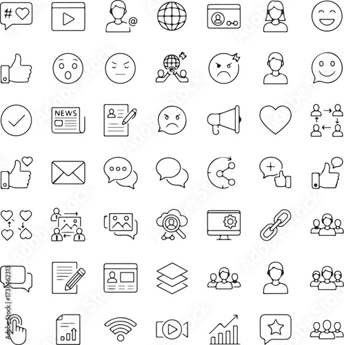 Mass media, social networks, public media vector outline icons
