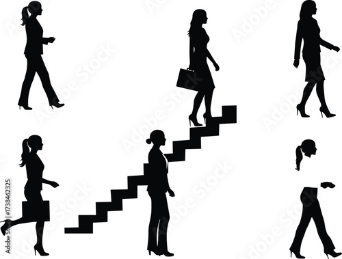 Silhouette illustration of businesswoman walking and climbing stairs symbolizing corporate career growth, professional success, motivation, leadership, progress, and workplace ambition.