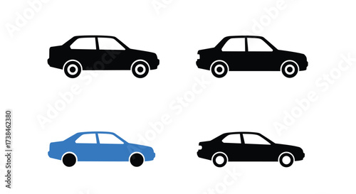 Simple depictions of sedan cars in black and blue color schemes
