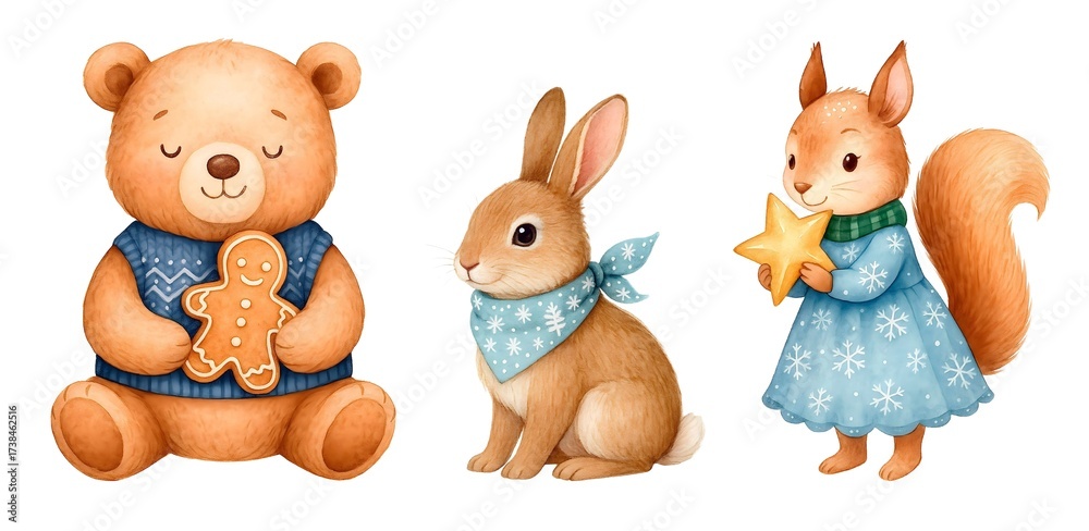 Obraz premium Cute Watercolor Christmas Bear, Bunny and Squirrel – Holiday Woodland Animals Clipart