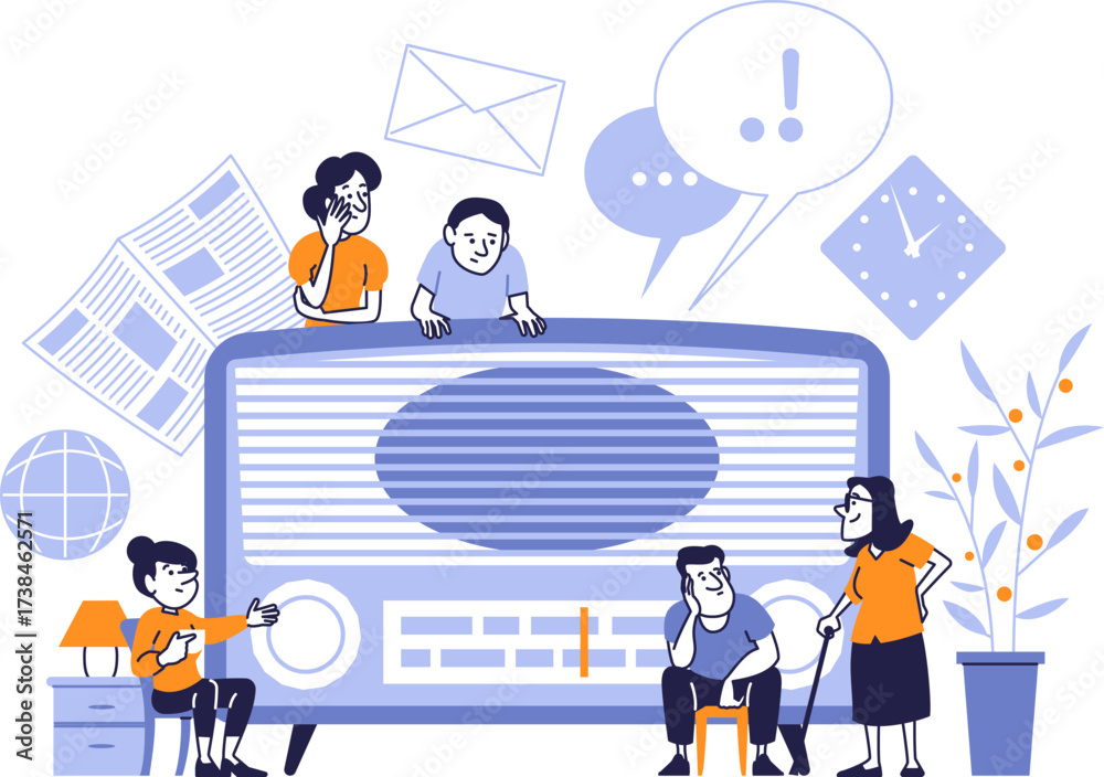 Fototapeta premium Retro radio and people listening to news and communication.