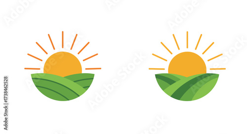 Two stylized sunrises over green hills a simple graphic design element