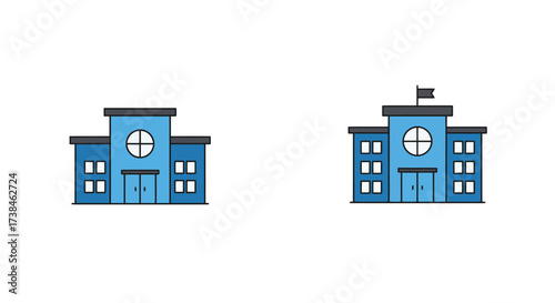 Simple cartoon illustration of two blue school buildings with flags