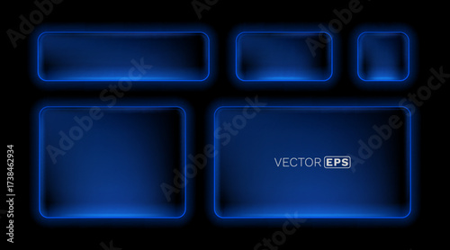Neon Button frame, set blue color, black background. Vector illustration