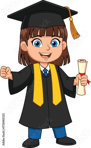 Cartoon child graduation ceremony, student with diploma, flat CAD drawing, vector illustration, academic success, education achievement, school graduate celebration design