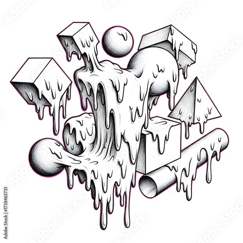 Abstract Melting Geometric Shapes Monochrome Illustration