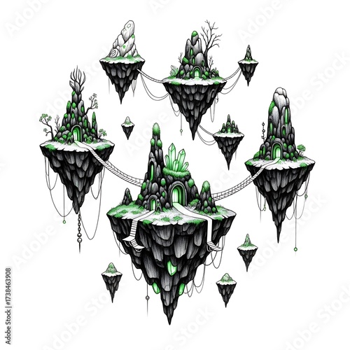 Fantasy Floating Islands Illustration with Green Crystals and Bridges