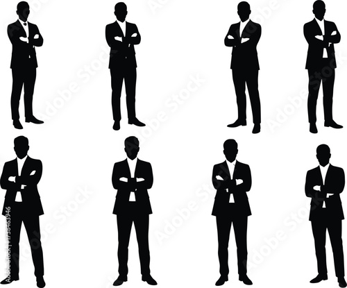 Businessman silhouette vector illustration set of confident professionals standing with crossed arms in suit, leadership, corporate identity and teamwork concept.