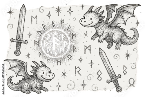 Magical Medieval Fantasy. Magical medieval sketch with glowing runes, swords, and smiling dragons in black and white isolated