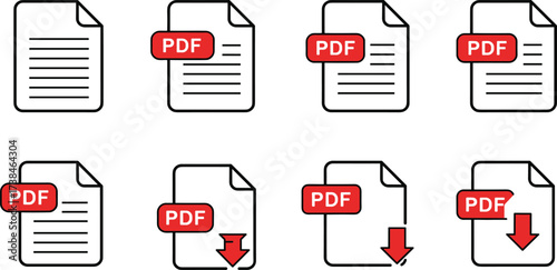 PDF document icons set, red label vector illustration design document icons set, file download symbols, paper page outline, digital archive format, red label vector illustration design