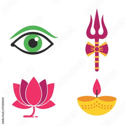 Collection of religious symbols including an eye, trident, lotus flower, and a candle.