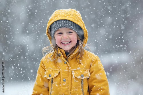 A funny preschooler child in a yellow winter coat admires the snowfall in the winter park. Funny girl catches snowflakes with her tongue