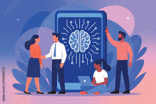 AI Team Collaboration Around Mobile App, Brain Neural Network, Business Innovation, Digital Transformation, Data Analytics, Startup Strategy, Diverse People, Technology Concept Illustration