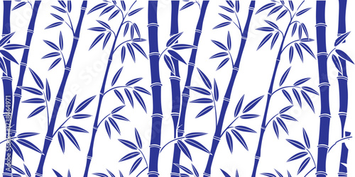 Blue Bamboo Stalks and Leaves Pattern on White Background