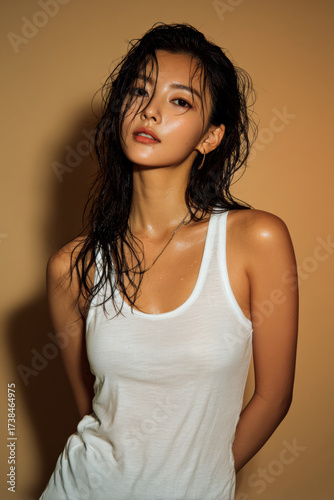 Woman in white tank top with wet hair poses