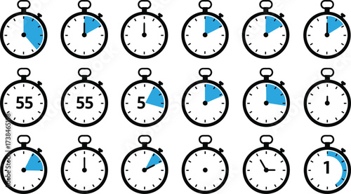 Stopwatch countdown vector set, analog and digital timer icons, sports chronometer illustrations, time tracking clock graphics, isolated design