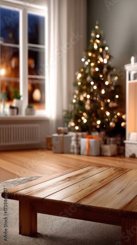 Wrapped gift boxes of different sizes sit near a cozy fireplace with a nostalgic holiday atmosphere