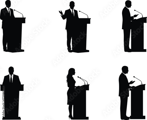 Silhouette vector illustration of business people and woman giving speech at podium with microphone, public speaking, leadership, communication concept.