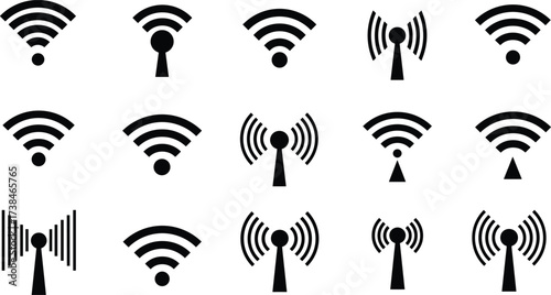 Wireless signal icons set, wifi connection symbols, internet network signs, communication technology vector, router antenna, mobile signal design