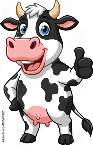 Cartoon cow giving thumbs up, friendly farm animal mascot, happy dairy cattle character illustration, agriculture concept artwork, cad drawing flat vector illustration