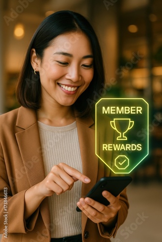 Engaging smartphone user participating in member rewards program at a modern office space digital interaction personal engagement
