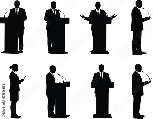 Silhouette vector illustration of business people and politicians speaking at podium, giving presentation, leadership speech, public debate, communication and authority