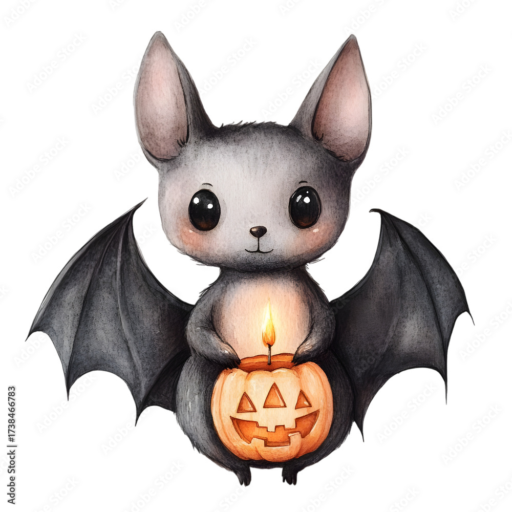 Obraz premium A cute cartoon bat is holding a carved pumpkin (jack-o'-lantern) with a lit candle inside, which is a symbol associated with Halloween. Halloween. Watercolor 2D illustration isolated on transparent ba