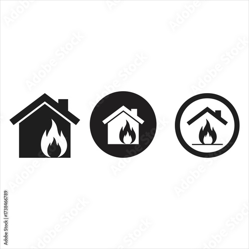 Home fire safety icons set house flame danger symbol warning alert residential building protection alert